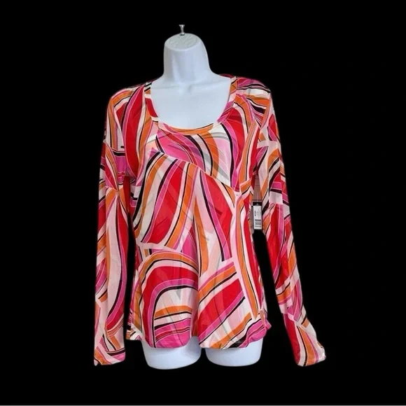 Madison Fashion Top Sz L Geo Print Multicolor Long Sleeves Round Neck Shirt New - Picture 9 of 14